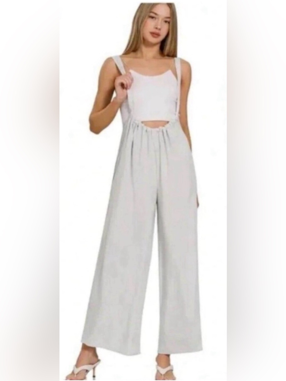 Zenana Woven Tie-Back Suspender Jumpsuit Tan or Grey